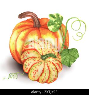 Zwei große orange gelbe Kürbisse mit grünen Blättern. Herbstgemüse Clipart. Herbsterntefest. Thanksgiving. Handgezeichnete Aquarellillustration Stockfoto