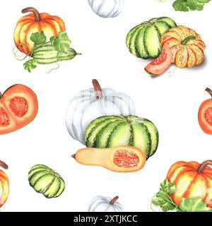 Nahtloses Muster mit hellen weißen, orangen und grünen Kürbissen, Butternusskürbis und grünen Blättern. Herbstmuster für Textilien, Geschenkpapier, Vorhang, t Stockfoto