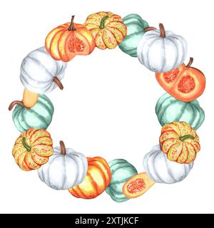 Schöner Herbstkranz mit weißen, blauen und orangen Kürbissen. Thanksgiving-Dekoration. Handgezeichnete Aquarellillustration. Stockfoto