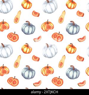 Nahtloses Muster mit weißen, orangen Kürbissen, Butternusskürbis und Scheiben. Herbstmuster für Textilien, Geschenkpapier, Vorhang, Tischdecke. Handgezeichnet mit Stockfoto