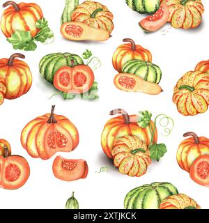 Nahtloses Muster mit knalligen orangefarbenen und grünen Kürbissen, Kürbis, Butternusskürbis und grünen Blättern. Muster für Herbstmuster. Herbst Hintergrund. Handgezeichnet Stockfoto
