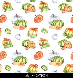 Nahtloses Muster mit hellen weißen, orangen und grünen Kürbissen, Butternusskürbis und grünen Blättern. Herbstmuster für Textilien, Geschenkpapier, Vorhang, t Stockfoto
