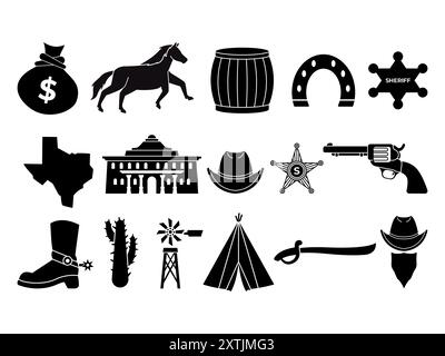 Cowboy Set Bandana Cowboy Hut Pferd Tipi Kaktus Sheriff Abzeichen Pistole Schwert Waffe Wild West Life Kollektion Design Icon schwarze Silhouette Stock Vektor