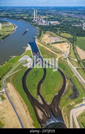 Luftbild, Fluss Emscher, neue Emschermündung, Kraftwerk Voerde und Binnenschifffahrt, Eppinghoven, Dinslaken, Ruhrgebiet, Nordrhein-Westfalen, Deutschland ACHTUNGxMINDESTHONORARx60xEURO *** Luftansicht, Emscher, neue Emscher-Mündung, Kraftwerk Voerde und Binnenschifffahrt, Eppinghoven, Dinslaken, Ruhrgebiet, Nordrhein-Westfalen, Deutschland ATTENTIONxMINDESTHONORARx60xEURO Stockfoto