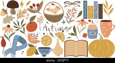 Eine gemütliche Vektor-Herbst-Illustration mit Herbstelementen wie Blättern, Kürbissen, Pilzen, heißen Getränken, Büchern, und noch mehr, um die Wärme zu zeigen Stock Vektor