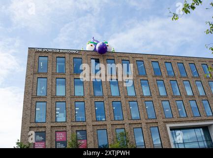 Slough, Großbritannien. August 2024. Das Stadtzentrum von Slough in Berkshire sah heute fröhlicher aus als sonst, als fünf riesige aufblasbare Dachmonster die Käufer und Besucher des Stadtzentrums begrüßten. Die Künstler Luke Egan und Peter Hamilton haben die riesigen aufblasbaren Monster auf dem Porter Building, dem Queensmere Shopping Centre, The Future Works, Aston Bond Solicitors und dem Brickhouse installiert. Monster Nosey Bonk, Bezerker, Tentakel, Brülzer und eine Familie von Goofs erweisen sich in den Schulferien als großer Hit bei Kindern. Die Monster bleiben in dir Stockfoto