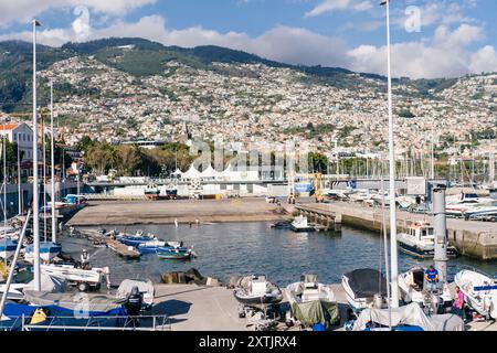 Funchal, Portugal - 10. Dezember 2016: Blick von der Promenade auf die Yachten und das Kreuzfahrtschiff. Hochwertige Fotos Stockfoto