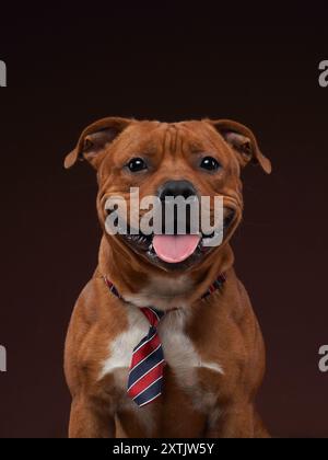 Ein Thai Ridgeback und ein Staffordshire Bull Terrier spielen spielerisch in einer inszenierten Szene mit dem Ridgeback, der einen klassischen schwarzen Hut trägt und sanft ist Stockfoto