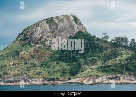 Eine üppig grüne felsige Insel mit steilen Klippen erhebt sich aus dem Meer, bedeckt mit dichter Waldvegetation und hohen Palmen, unter einem bewölkten Himmel. Coasta Stockfoto