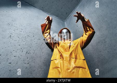 Ein riesiger, gruseliger Mann mit Klebeband, der in einem hellgelben Regenmantel auf die Kamera blickt, die in der Ecke des Zimmers steht. Horror-Konzept Stockfoto