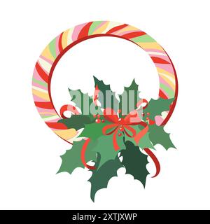 Mehrfarbiger, weihnachtlich gestreifter Kranz mit einer Komposition aus stechpalmenblättern und einer roten Schleife auf weißem Hintergrund. Vektor-Clipart Stock Vektor