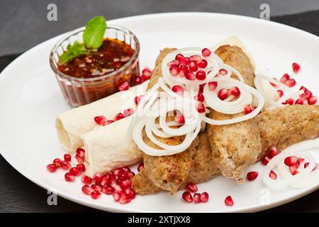 Traditioneller gegrillter Kebab mit Granatapfel, Zwiebeln und scharfer Sauce für ein köstliches kulinarisches Erlebnis Stockfoto