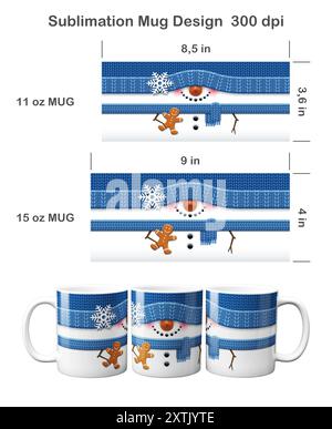 Lustiger Weihnachtsschneemann. Sublimationsdesign für Becher mit 11 ml und 15 ml Stockfoto