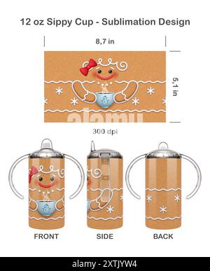 Lustiger Weihnachtskuchen. Nahtlose Sublimationsschablone für 12 oz Kids Sippy Cup. Nahtlos von Kante zu Kante. Vollschalen-Verpackung. Stockfoto