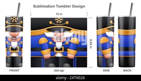 Lustiger Weihnachts-Nussknacker. Sublimationsdesign für 20 ml dünnen Becher. Sublimationsdarstellung. Nahtlos von Kante zu Kante. Volle Becherfolie. Stockfoto