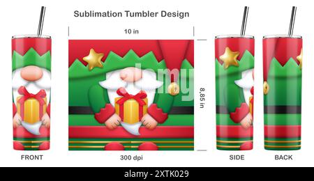 Lustiger Weihnachtself. Sublimationsdesign für 20 ml dünnen Becher. Sublimationsdarstellung. Nahtlos von Kante zu Kante. Volle Becherfolie. Stockfoto