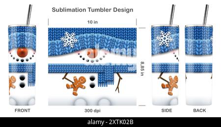 Lustiger Weihnachtsschneemann. Sublimationsdesign für 20 ml dünnen Becher. Sublimationsdarstellung. Nahtlos von Kante zu Kante. Volle Becherfolie. Stockfoto