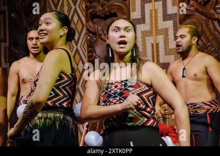 Eine traditionelle Maori-Gesangs- und Tanzvorstellung, Waitangi Treaty Grounds, Nordinsel, Neuseeland Stockfoto