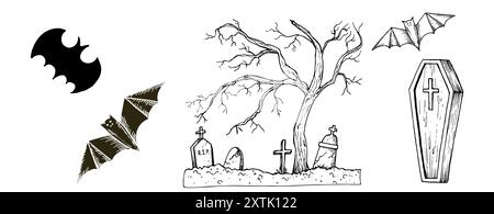 Vektor alter verlassener Friedhof, schwarze Fledermaus, Holzsarg mit Kreuz. Handgemalte lineare Herbstbaumillustration. Grafische Schwarzweiß-Grabstein-Kunst f Stock Vektor