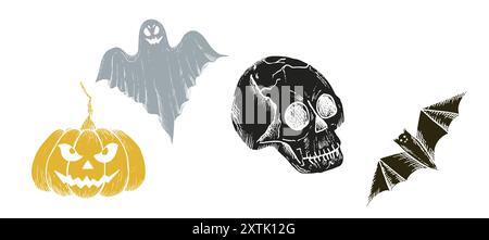 Vektor-Set mit halloween gruseligen orange Kürbis mit Augen, Geist, Fledermaus, menschlichem Schädel. Handgemalte lineare Abbildung. Schwarzweiß-Grafik für Tätowierungen Stock Vektor