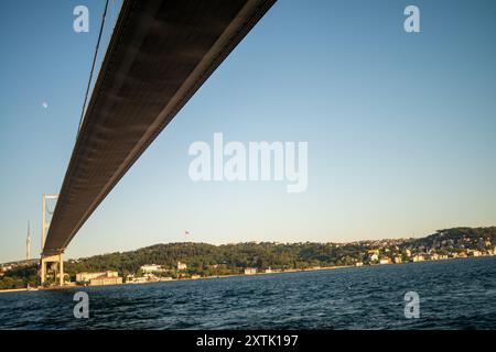 Ein komplizierter und detaillierter Blick auf die Istanbul Bosporus Brücke von oben, der die Textur und die strukturellen Elemente hervorhebt, die diesen Ingenieur definieren Stockfoto