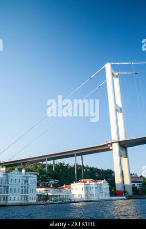 Ein komplizierter und detaillierter Blick auf die Istanbul Bosporus Brücke von oben, der die Textur und die strukturellen Elemente hervorhebt, die diesen Ingenieur definieren Stockfoto