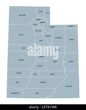 Utah, US-Bundesstaat, unterteilt in 29 Countys, graue politische Karte mit Grenzen und County-Namen. Bundesstaat in der Region Mountain West im Westen der USA. Stockfoto