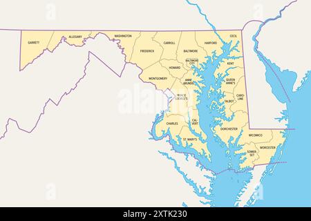 Maryland, US-Bundesstaat, politische Karte mit Grenzen und Bezirksnamen. Bundesstaat in der mittelatlantischen Region der Vereinigten Staaten, unterteilt in 23 Countys. Stockfoto