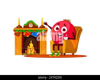Cartoon Weihnachten Cranberry Charakter schlürft gemütlich Tee am Kamin. Isolierte Vektorfigur, die festliche Wärme zwischen funkelnden Lichtern und Ornamenten ausstrahlt und von Feiertagsstimmung umgeben ist Stock Vektor