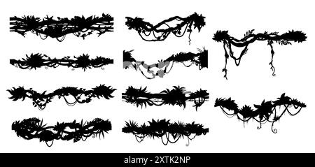 Dschungel Tropenwald Lianenreben Silhouetten. Isolierte Vektor-Regenwaldäste, Kletterpflanze und Kriechlianen mit Blättern. Silhouetten mit horizontalen Rebstöcken, floralen Randlinien und Trennwänden Stock Vektor