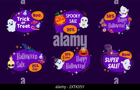 Halloween-Rahmen mit kawaii-Geisterfiguren. Isolierte Vektor-Werbeabzeichen, Tags oder Begrüßungsbanner für saisonale Rabatte, festliche Räumungen und Trick- oder Trick-Party-Feiern Stock Vektor