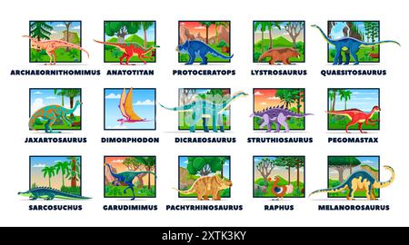 Prähistorische Dinosaurier-Zeichentrickfilme zeigen Dino-Arten mit Namen vor lebendigen Landschaften, die ihre natürlichen Lebensräume darstellen. Vektor c Stock Vektor