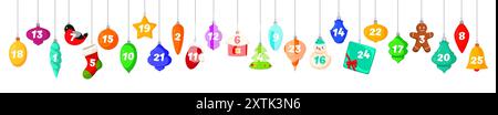 Weihnachtskugelgirlande Adventskalender. Isolierte Karikaturvektor festliche Winter Countdown Dekor mit bunten Weihnachtsspielzeug, Lebkuchen, Socken oder Geschenken Stock Vektor