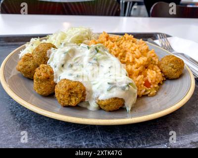 Mittagessen in einer Kantine / Betriebsrestaurant Falafel mit Reis 15.08.2024 *** Mittagessen in einer Kantine Betriebsrestaurant Falafel mit Reis 15 08 2024 Stockfoto