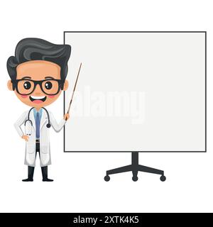 Cartoon eines Arztes mit Stethoskop und Laborkittel, der in einem Meeting einen Vortrag oder eine Schulung auf einem Whiteboard hält. Gesundheits- und Medizinkonzept. Resea Stock Vektor