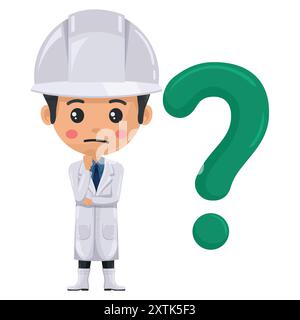 Qualitätskontroll-Supervisor äußert Zweifel, Unsicherheit mit einem riesigen Fragezeichen. Fragezeichen für FAQ-Konzept. Ingenieur in der Lebensmittelindustrie. Chefkost s Stock Vektor