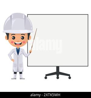 Qualitätskontrollleiter in der Lebensmittelproduktionslinie hält einen Vortrag oder eine Schulung auf einem Whiteboard in einem Meeting. Ingenieur in der Lebensmittelindustrie. Chief Food saf Stock Vektor