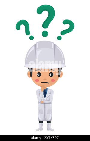 Qualitätskontrollleiter, der Zweifel und Unsicherheit mit einem Fragezeichen ausdrückt. Fragezeichen für FAQ-Konzept. Ingenieur in der Lebensmittelindustrie. Hauptessensafet Stock Vektor