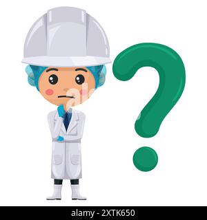 Qualitätskontroll-Supervisor äußert Zweifel, Unsicherheit mit einem riesigen Fragezeichen. Fragezeichen für FAQ-Konzept. Ingenieur in der Lebensmittelindustrie. Chefkost s Stock Vektor