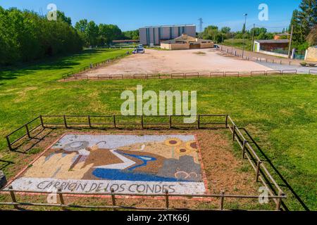 Verkehrsschild und Parkplatz in der Provinz Palencia Kastilien und León, Spanien Stockfoto