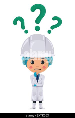 Qualitätskontrollleiter, der Zweifel und Unsicherheit mit einem Fragezeichen ausdrückt. Fragezeichen für FAQ-Konzept. Ingenieur in der Lebensmittelindustrie. Hauptessensafet Stock Vektor