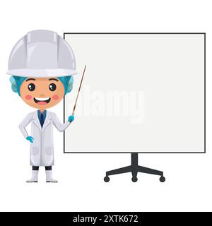 Qualitätskontrollleiter in der Lebensmittelproduktionslinie hält einen Vortrag oder eine Schulung auf einem Whiteboard in einem Meeting. Ingenieur in der Lebensmittelindustrie. Chief Food saf Stock Vektor