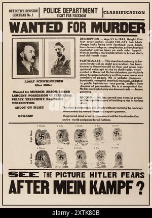 DAS SATIRISCHE ADOLF HITLER WOLLTE ZUM MORD-PLAKAT Anti-Nazi-Propaganda-Plakat, das während des Zweiten Weltkriegs in den Vereinigten Staaten verteilt wurde. Das Plakat behauptet (fälschlicherweise), Adolf Hitlers richtiger Name sei Adolf Schicklgruber. Eine Behauptung, die von Hans Habe, einem Wiener jüdischen Schriftsteller, stammt. Die Behauptung basierte auf dem Nachnamen von Hitlers Vater, der als Alois Shicklgruber geboren wurde. Bevor Hitler geboren wurde, änderte Alois seinen Namen und wurde in Alois Hitler umbenannt. Das Motiv von Hitlers „richtigem“ Namen war wahrscheinlich ein Versuch, den Führer lächerlich zu machen und ihn für die Öffentlichkeit herabzusetzen. Der zweite Weltkrieg der 1940er Jahre Stockfoto