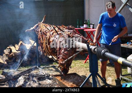 Zagreb, Kroatien. August 2024. Händler schnitzen ein Stück aus Spieß gebratenem Ochsen während eines Festes der Himmelfahrt der Heiligen Jungfrau Maria in Zagreb, Kroatien am 15. August 2024. Foto: Emica Elvedji/PIXSELL Credit: Pixsell/Alamy Live News Stockfoto