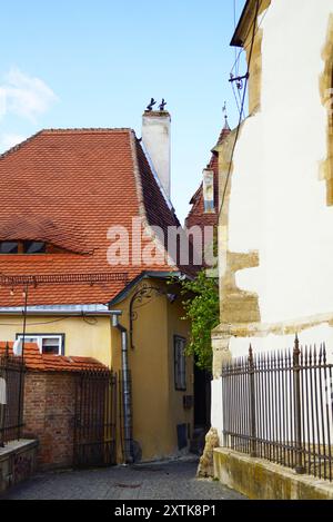 Ein Fragment des Platzes Piata Albert Huet - gemütliche Ecken in der Altstadt von Sibiu (Siebenbürgen, Rumänien) Stockfoto