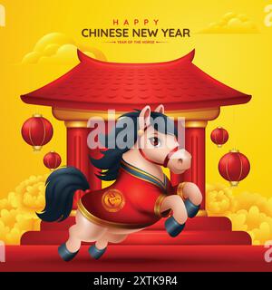 Chinesisches Neujahr 2026 Hintergrund, niedliches 3D Pferd mit Pagode und Laterne Illustration. Übersetzung : Pferd Stock Vektor