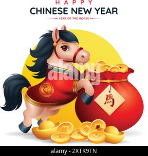 Jahr des Pferdes Zeichen oder Symbol, Chinesisches Neujahr 2026 mit 3D-Vektorillustration. Übersetzung : Pferd Stock Vektor