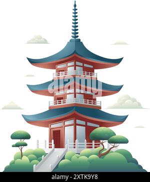 Chinesische Pagode Vektor-Illustration mit Treppen auf einer üppigen und schönen Hügellandschaft Stock Vektor