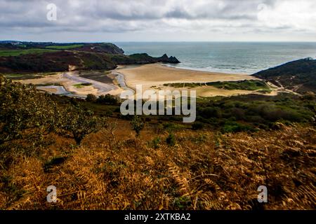 Three Cliffs Bay, mit trockenen Brackenblättern im Herbst im Vordergrund. Stockfoto
