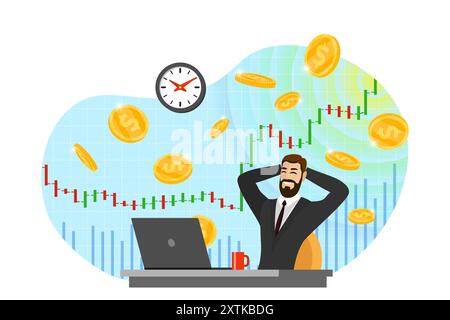 Glückliche Geschäftsleute erhalten Geld vor dem Hintergrund steigender Börsenindex-Charts. Freude am Wachstum Einkommenshandel Geschäftsmann. Ein freudiger Mensch macht Profit. Konzept für passive Bezüge. Münzgewinn-Konzept Stock Vektor